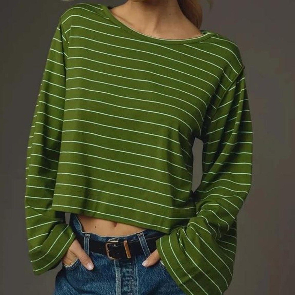 By Anthropologie East West Green Striped Cropped Bell Sleeve Long Sleeve Top